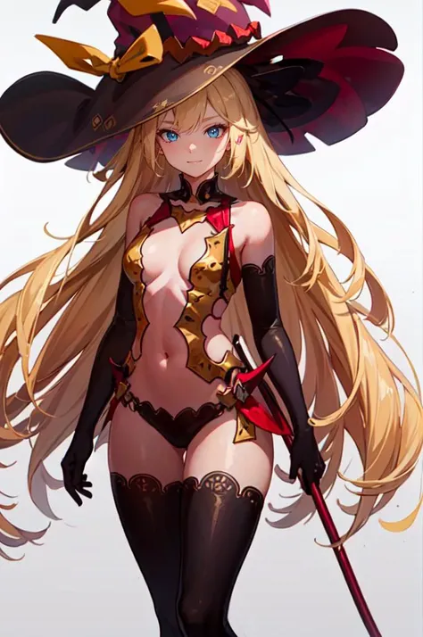 <lora:SmalleyHalloweenV1:1> smalleyhallo, witch hat,, ultra detailed, masterpiece, best quality, aesthetic, detailed,, solo, soft smile, light smile,
1girl, blue eyes, very long hair, blonde hair, long blonde hair, french braid, bangs, medium breasts,