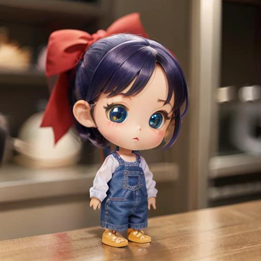 a close up of a doll on a table with a red bow