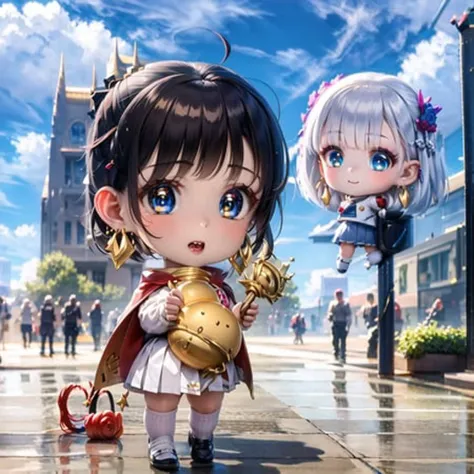 a couple of anime characters standing next to each other on a sidewalk