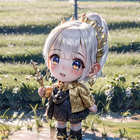 a close up of a doll with a gold outfit and a sword