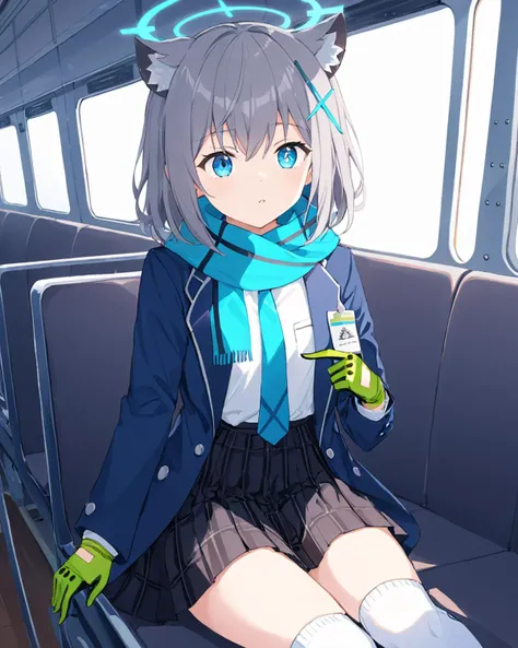 shiroko_(blue_archive),1girl, solo, green_gloves, white_shirt, train_interior, looking_at_viewer, hair_ornament, blue_scarf, mismatched_pupils, blue_jacket, open_jacket, sitting, animal_ear_fluff, pleated_skirt, halo, long_sleeves, school_bag, plaid_skirt,...