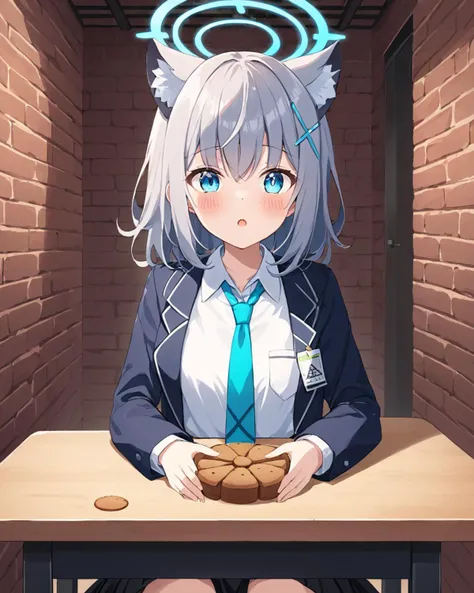 shiroko_(blue_archive),1girl, solo, looking_at_viewer, animal_ear_fluff, white_shirt, sitting, halo, cookie, long_sleeves, blush, pleated_skirt, hair_ornament, school_uniform, holding, collared_shirt, table, open_mouth, brick_wall, black_skirt, aqua_neckti...