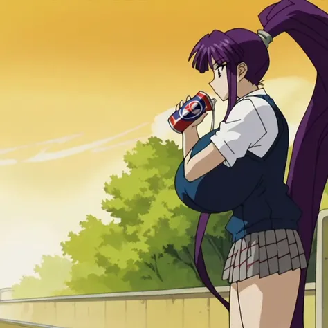 source_anime,extreme detail,cinematic lighting,
1futanari, sharp, score_10, score_9, score_8_up,consistent background,(anime screencap),flat shadows, blushed face,(huge breasts), school uniform, purple vest, purple skirt (((Kirika Misono)))  holding soda, ...