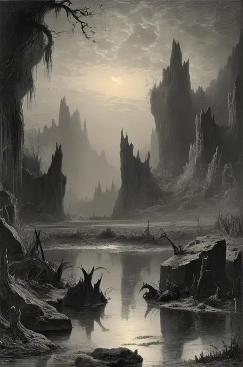 , <lora:Gustave Dore Style:1> Gustave Doré Style ,, swamp valley surrounded by high rocky cliffs, 
dawn,
dawn,