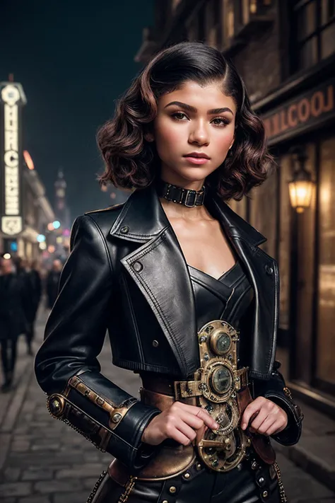 Zendaya_SoloTI_v1,
(Donning a tailored corseted jacket adorned with brass gears and leather accents, paired with high-waisted trousers and sturdy boots, accessorized with a leather utility belt),
(Venturing through a fantastical steampunk cityscape, with s...