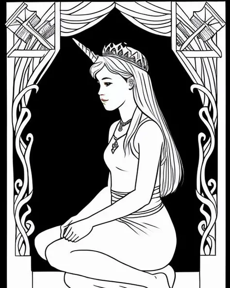 a beautiful drawing of a sitting  girl  in The Kingdom of the Unicorn ,  highest quality, art by coloring-book-style, ((white background)), b&w