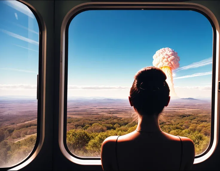 three cornered window, back of head shot of (woman looking out of triangle window:1.1), 3rd person, Looking out the triangular window of a (train:1.1) with triangular windows, triangular windows and triangular, wheels,  in a fantasy world, 
psychedelic, ge...