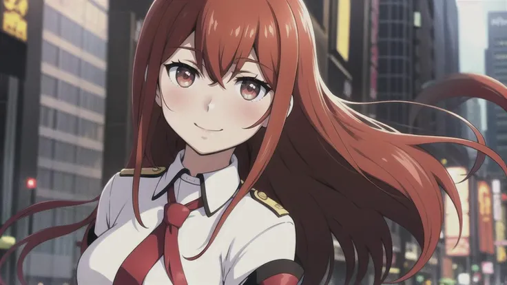 (8k, best quality, masterpiece:1.2), 1girl, <lora:estheticMakiseKurisu_makiv1:0.3>, makise kurisu, full body,  portrait, nose blush, smile, white uniform, outdoor, city, akihabara, dark red hair,