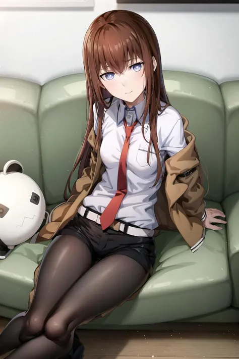 <lora:makiv1:0.7>, 1girl, black legwear, black shorts, blue eyes, brown hair, jacket, long hair, looking at viewer, makise kurisu, necktie, pantyhose, red necktie, shirt, short shorts, shorts, sitting, solo