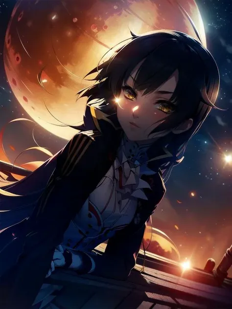 a girl with long hair and a black coat standing in front of a full moon