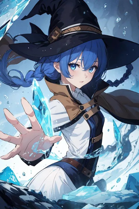 nice hands, perfect hands, anime, (highly detailed:1.2), (highres:1.2), roxy migurdia, (ice magic, ice, icy vapor, used ice magic), (small breasts:1.4), 1girl, striking pose,  bangs, black headwear, in cave, (background on ice), blue eyes, blue hair, braid...