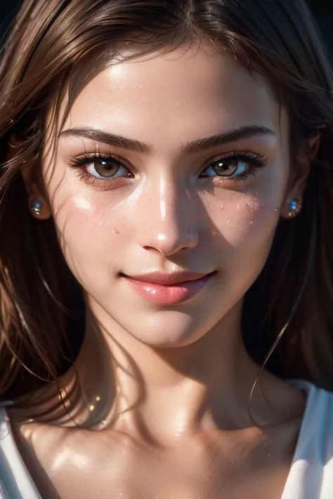 a close up of a woman with a white shirt and earrings