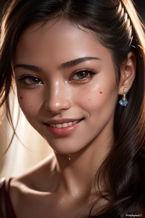 a close up of a woman with long hair and earrings