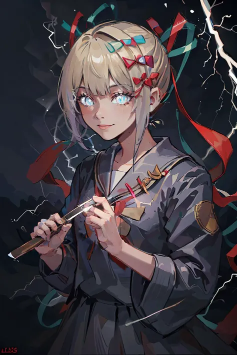 , <lora:LowTierMeme:0.95> IncrsLowTier, electricity, lightning, glowing eyes, pastel, <lora:kangel:0.9> kangel, smile, (black:1.4) school uniform, (red ribbons:1.4), holding (knife:1.2), upper body, best quality, masterpiece, ultra high res, detailed skin,...