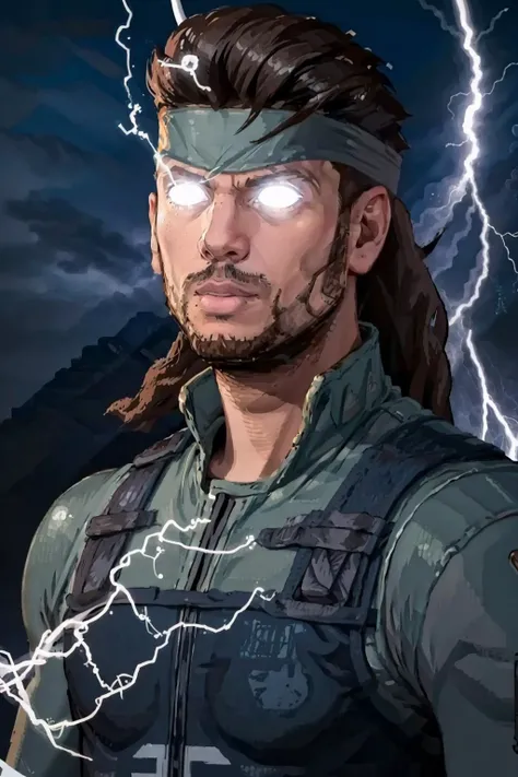 masterpiece, best quality,  <lora:LowTierMeme:1> IncrsLowTier, electricity, glowing eyes  <lora:solidsnake-nvwls-v1-final:1> solid snake, facial hair, blue bodysuit, gloves, headband, upper body