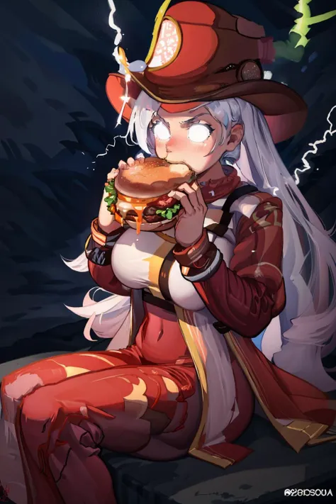 a woman in a red outfit eating a hamburger and lightning