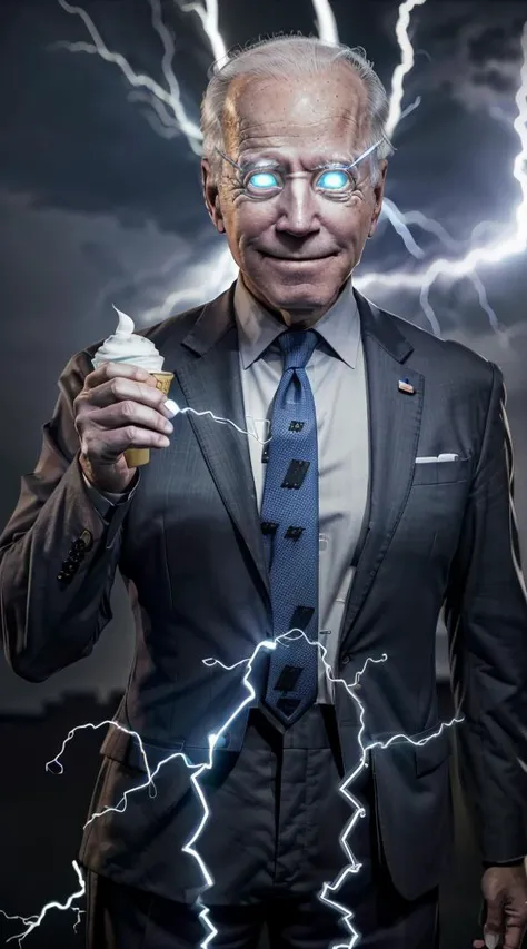 IncrsLowTier, (((lots of electricity around him, both glowing eyes))), joe biden, menacingly grinning, (((wearing a business suit))), holding an ice cream cone in hand, full body view, lightening coming out of eyes,  <lora:LowTierMeme:0.7>,  <lora:Joe Bide...