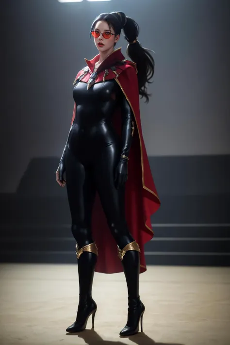 a woman in a black and red costume standing in a room