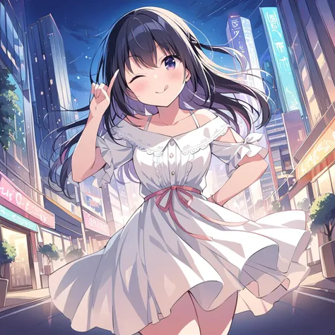 anime girl in white dress walking down a city street at night