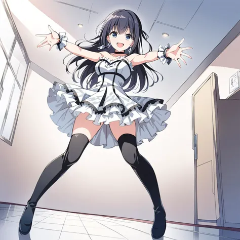 anime girl in a short dress and knee high boots in a room