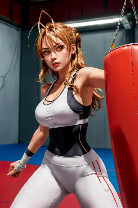 miyamoto rei, long hair, breasts, brown hair, antenna hair, brown eyes, fighter, fighting stance, sparring, punching bag, kickboxing, training, black tights, white spandex tank top, black leggings, a girl practicing her punches on a punching bag, bandages,...