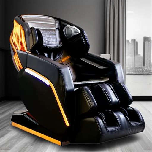 a black and orange massage chair sitting on top of a wooden floor