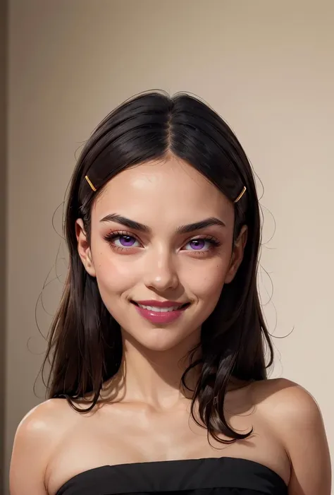 a woman with long hair wearing a black dress and a gold headband