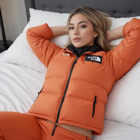 arafed woman laying on a bed in an orange jacket and pants