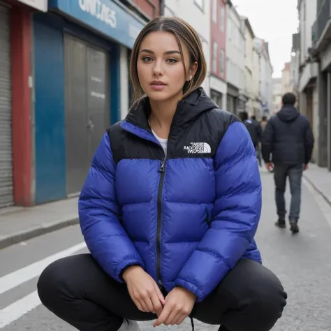 a woman in a blue and black jacket squatting on a street