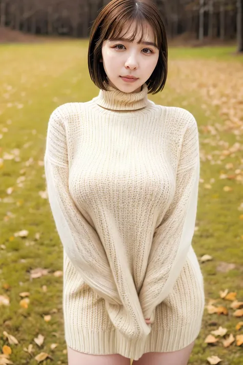 a woman in a sweater posing for a picture in a field