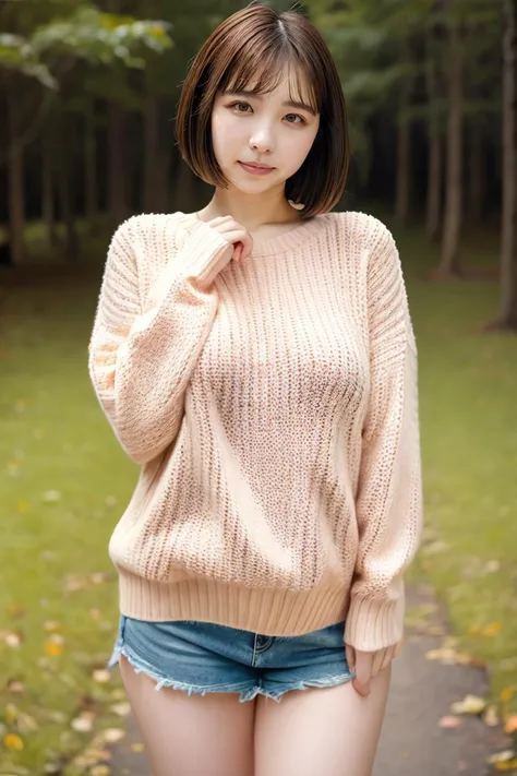 a woman in a short skirt and sweater posing for a picture