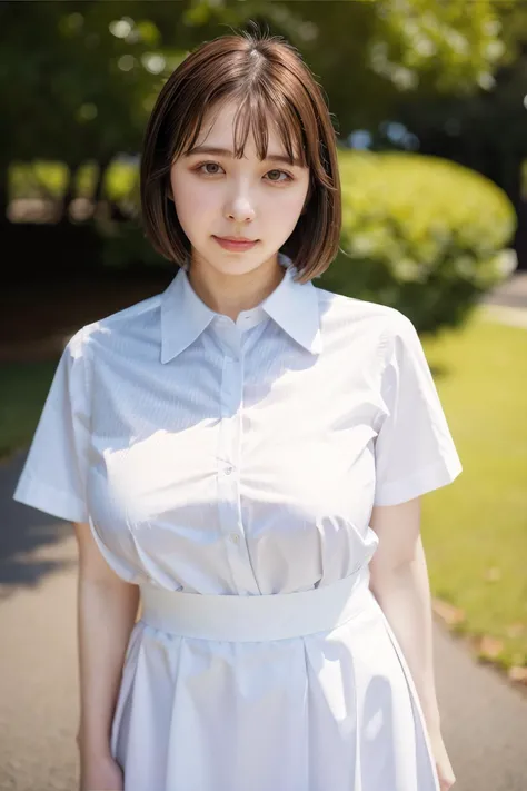 a woman in a white dress standing on a path