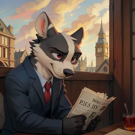 there is a cartoon wolf reading a newspaper in a restaurant