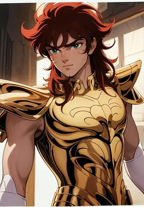 a close up of a woman in a gold outfit with a sword