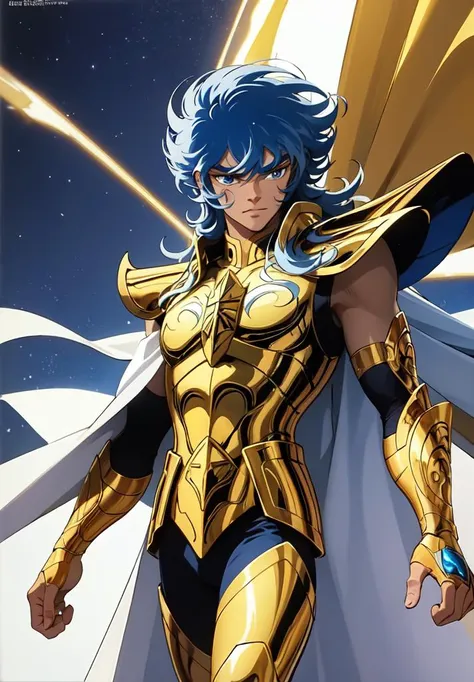 a woman in a gold suit and blue hair standing in front of a sky