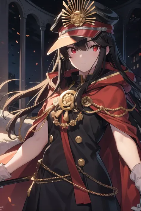 odanobunaga, <lyco:odanobunaga-lyco-nochekaiser:1>, 
oda nobunaga, black hair, long hair, (red eyes:1.5),
BREAK chain, cloak, family crest, gloves, grey gloves, hat, military, military hat, military uniform, peaked cap, uniform, red cloak,
BREAK looking at...