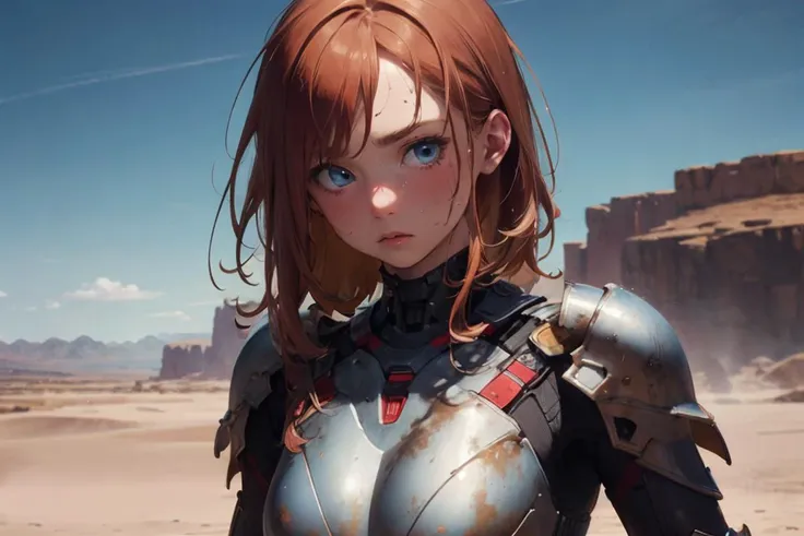 a woman in armor standing in a desert area