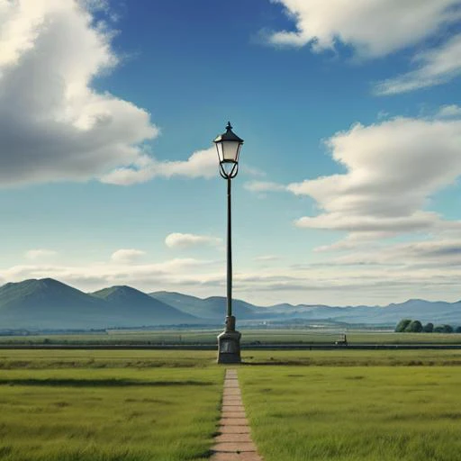 a view of a street light in a grassy field with mountains in the background