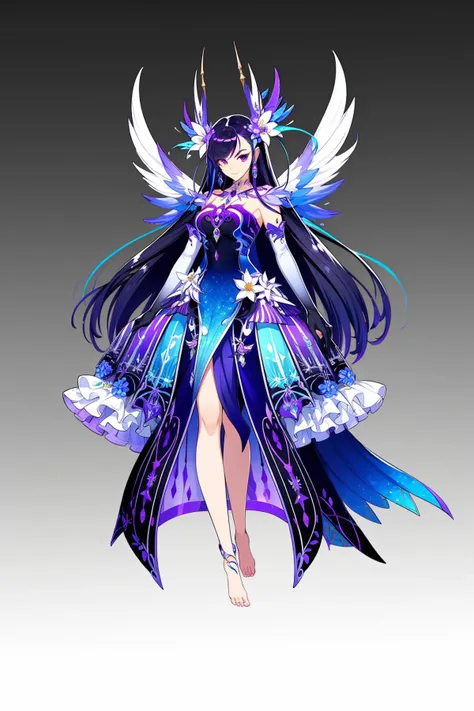 magic, Two-dimensional culture, western clothing style, original character design, game characters, 1girl, solo, dress, long hair, barefoot, full body, hair ornament, gradient, looking at viewer, flower, black hair, blue dress, gradient background, multico...