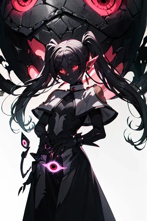 anime girl with long black hair and red eyes standing in front of a giant black object