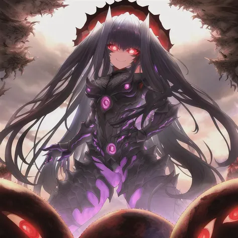 anime girl with long black hair and purple eyes standing in front of a giant demon