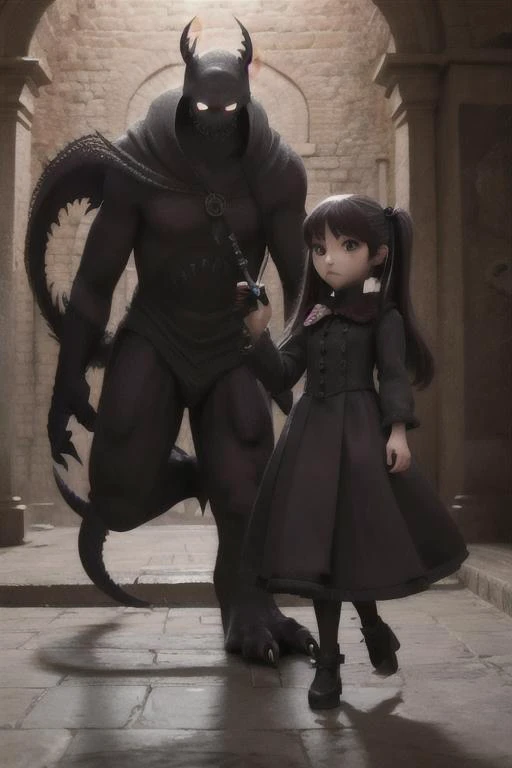 a woman and a child are standing in front of a demon