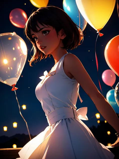 anime girl in white dress with balloons in the sky