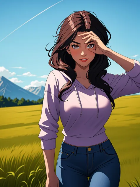 A young woman with a laid-back style, wearing jeans and a hoodie, her naturally curly black hair framing her face, paired with soulful brown eyes and expressive eyebrows, radiating a relaxed and easygoing expression, standing, open field, blue sky, day, mo...