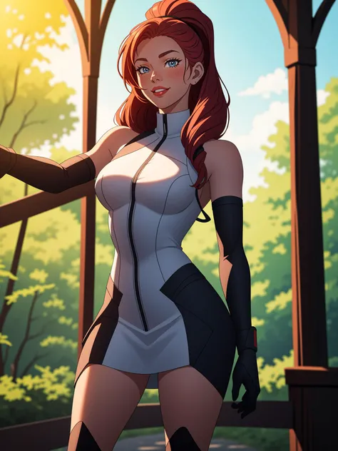 AnjelikaV2, (best quality, masterpiece:1.3), 1girl, upper body, standing,   film grain, blurry foreground, anime screencap, closed mouth, light smile, chainmail, pauldrons, arm guards, wrist guards, wooden bridge, tree, dappled sunlight, light particles, d...