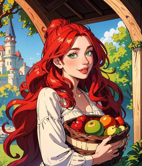 1girl, long hair, red hair, curly hair, green eyes, (nose:1.4), (thick lips:1.4), fantasy, medieval, outdoors, scenery, holding basket full of various fruits, smile, head tilt, 
masterpiece, best quality, intricate detail, artgem, cartoon, toon (style), ou...