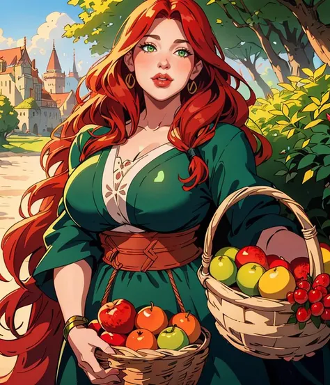 1girl, long hair, red hair, curly hair, green eyes, (nose:1.4), (thick lips:1.4), fantasy, medieval, outdoors, scenery, holding basket full of various fruits
masterpiece, best quality, intricate detail, artgem, cartoon, toon (style), outline, digital art, ...