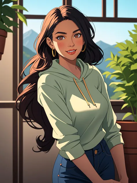 a cartoon girl with long hair and a green hoodie