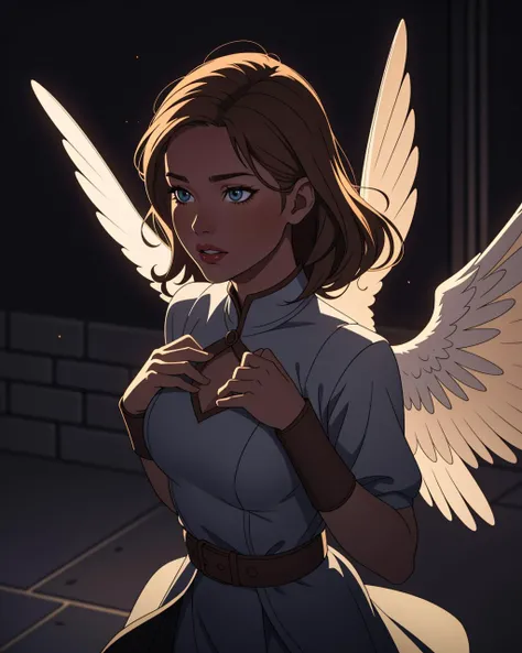 jflw,an animation of a woman in a white dress with a gold belt and wings on her head and her hair in her hand, stanley artgerm lau, a detailed animation, fantasy art, feathered wings, from above, 
masterpiece, best quality, High dynamic range, vivid, rich ...