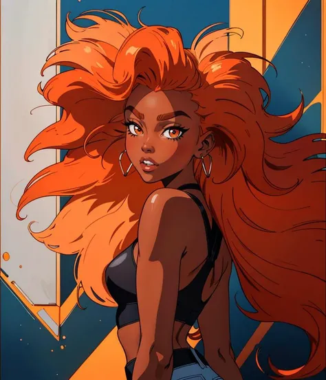 bs_purpalpaca, 1girl, medium hair, orange hair, wavy, bangs,  brown eyes, 1980s (style), casual, dark skin, from side, sprinting
masterpiece, best quality, intricate detail, artgem, cartoon, toon (style), outline, digital art, <lora:add_sharpness:1>